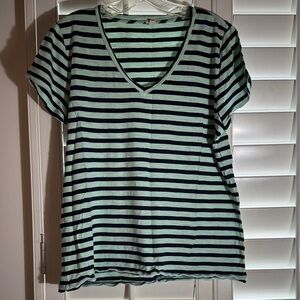 J. Crew Black and Green Striped V-Neck Tee